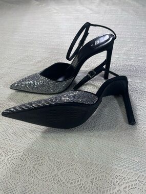 Zara Black Slingback Heels with Silver Rhinestone Pointed Toes